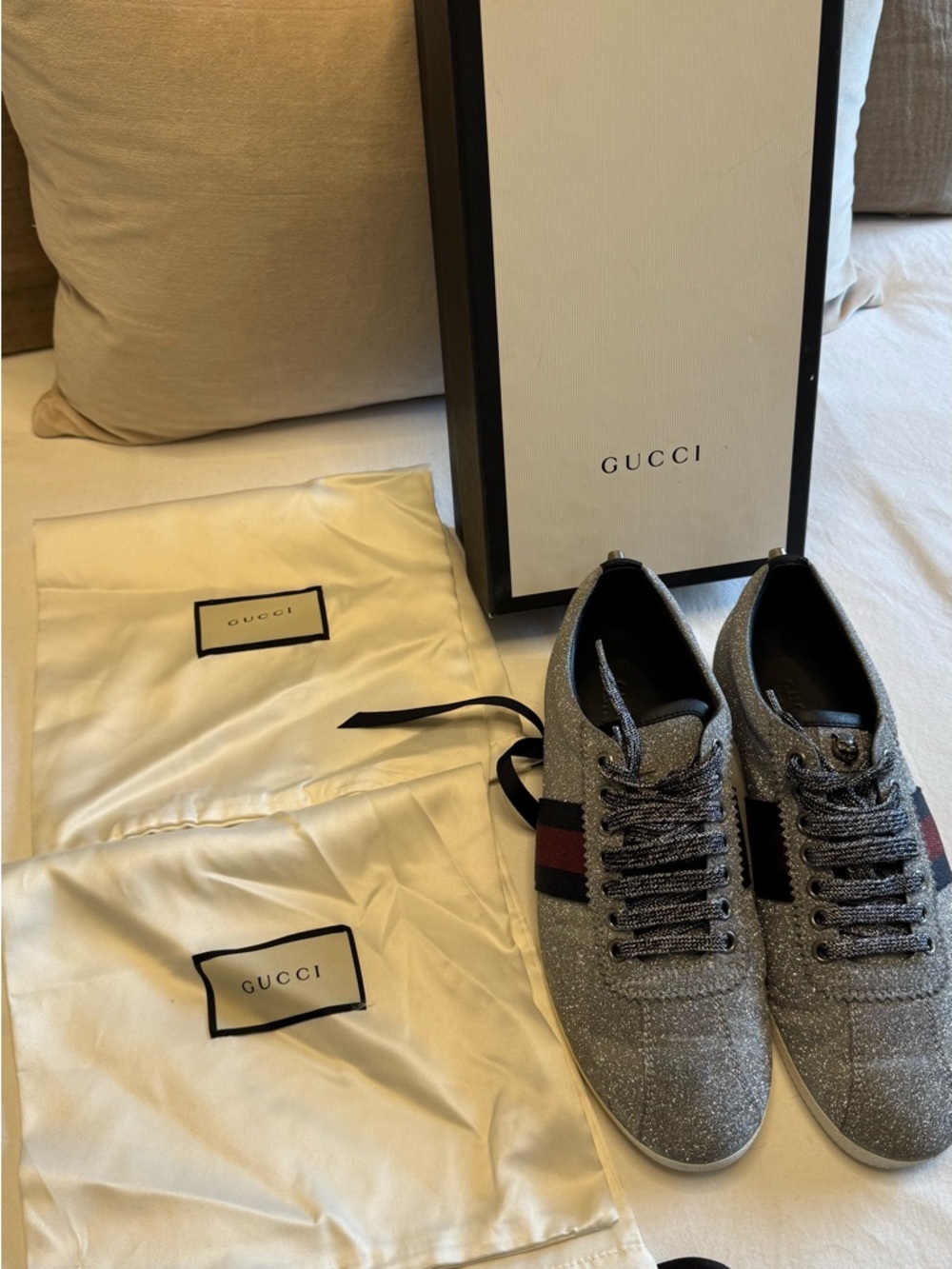 Gucci Women’s Silver Glitter Ace Sneakers with Red and Navy Stripe